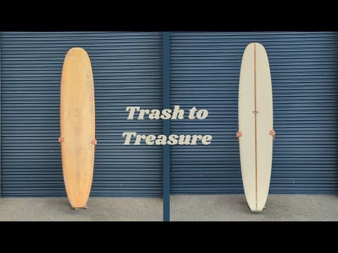 YouTube thumbnail for the Whitburn Studio Trash to Treasure full surfboard build.